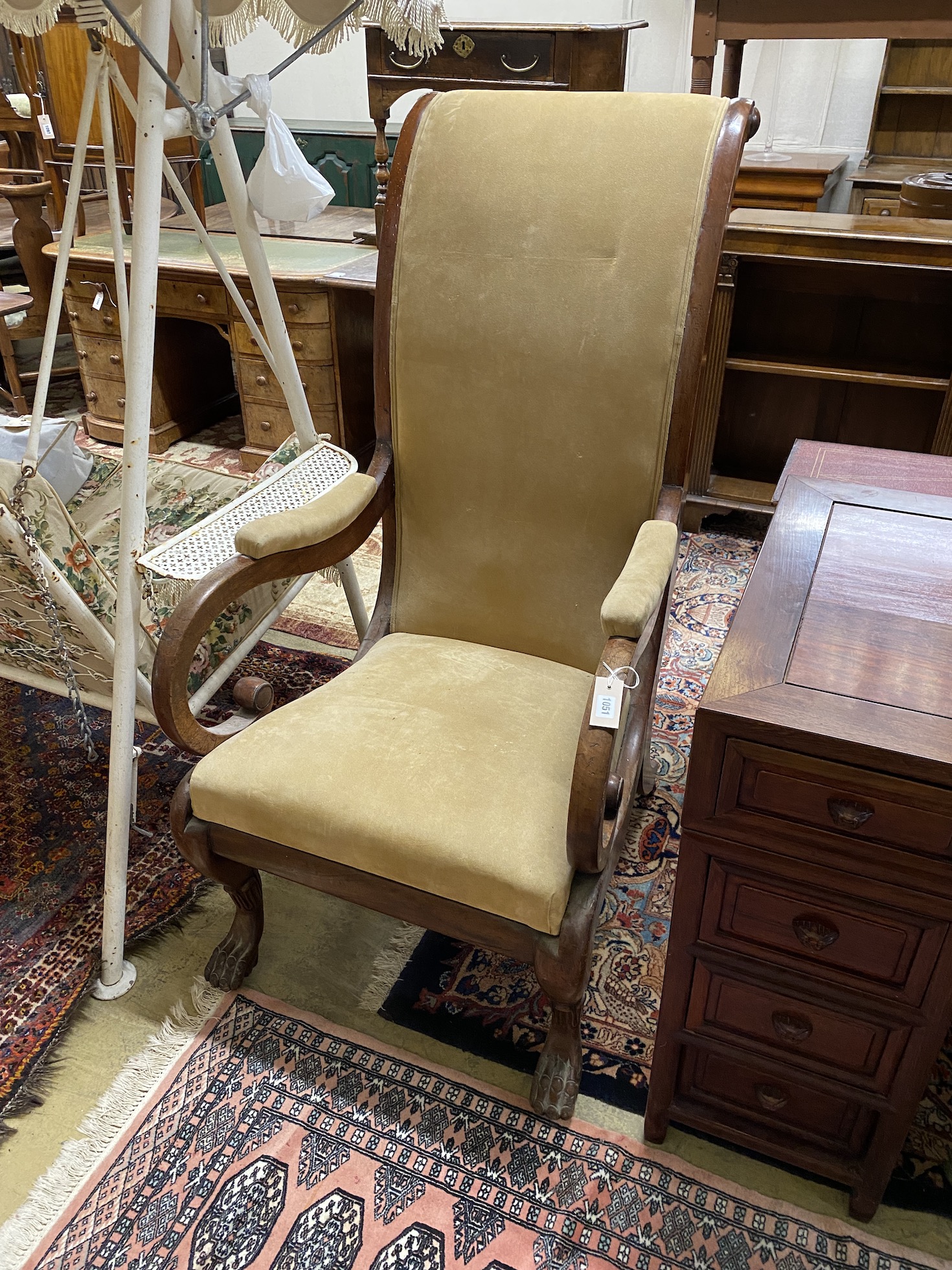 A William IV mahogany high back scroll arm elbow chair, width 65cm, depth 82cm, height 134cm